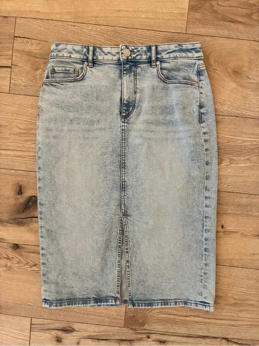 LOFT Light Acid Wash Front Slit Denim Midi Skirt